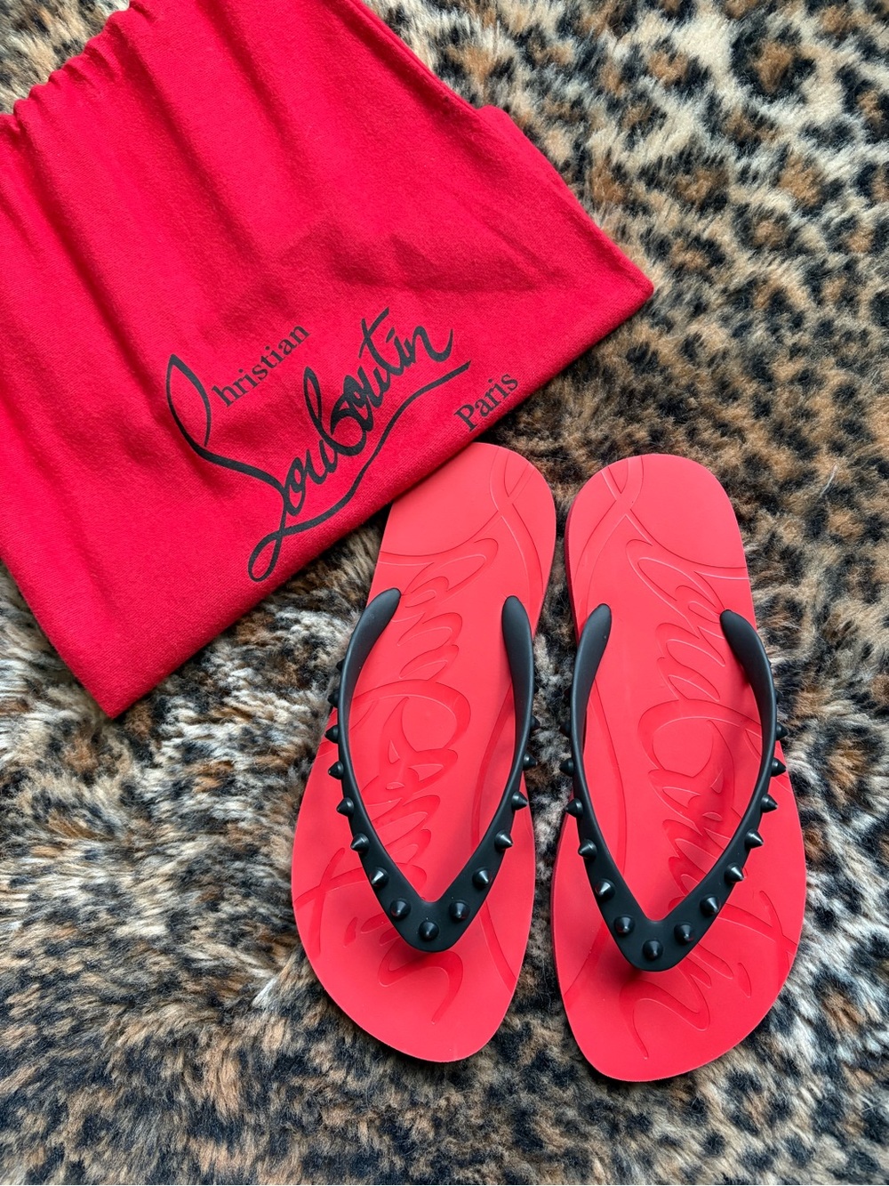 Red and Black Spike Louboutin flip flops 6.5